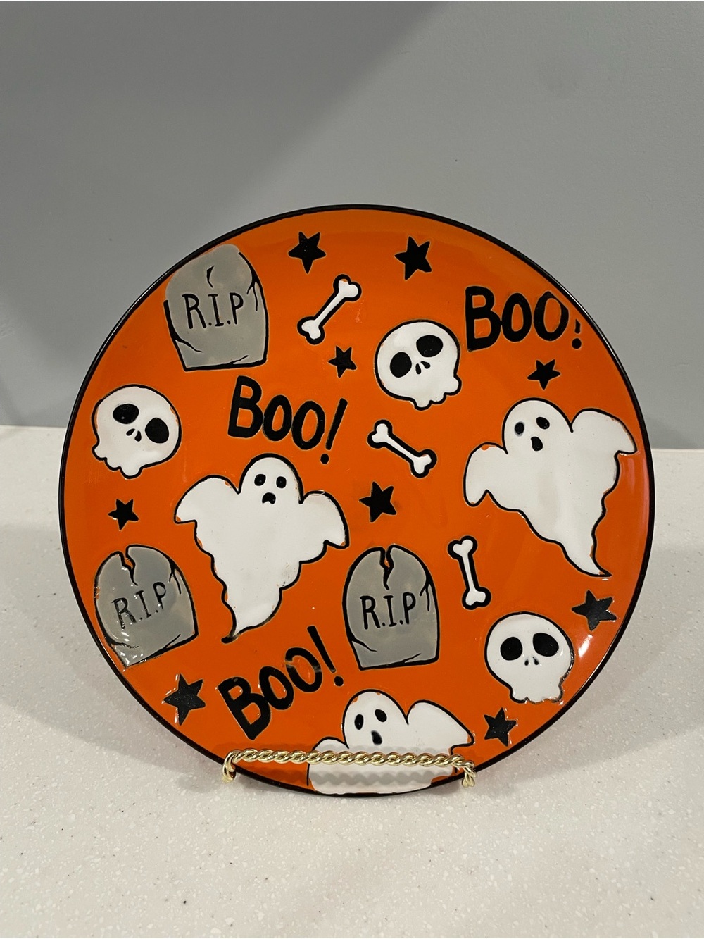 Halloween Ghost Skull Tombstone “BOO!” Decorative Plate – 8.5”